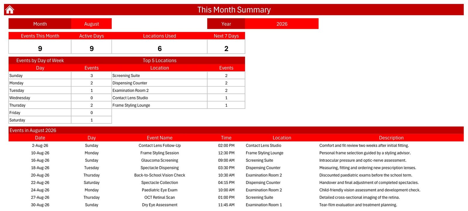 Optical Store Appointment Calendar in Excel This Month Summary for August 2026