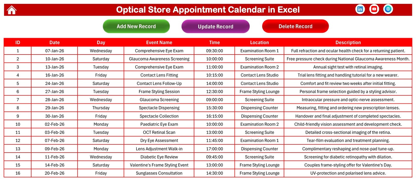Optical Store Appointment Calendar in Excel Events database sheet