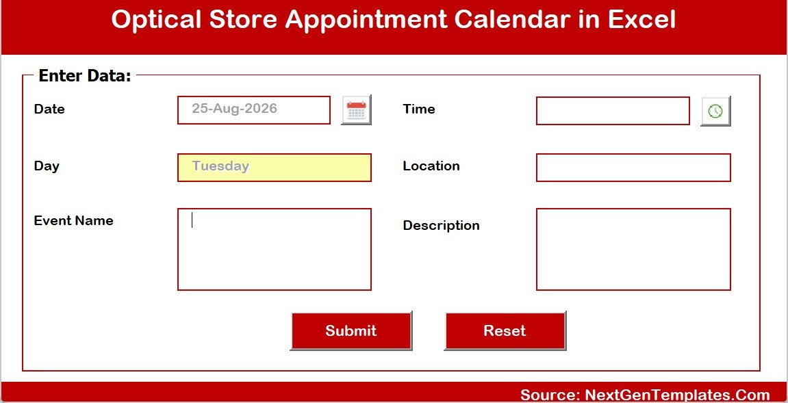 Optical Store Appointment Calendar in Excel appointment entry form