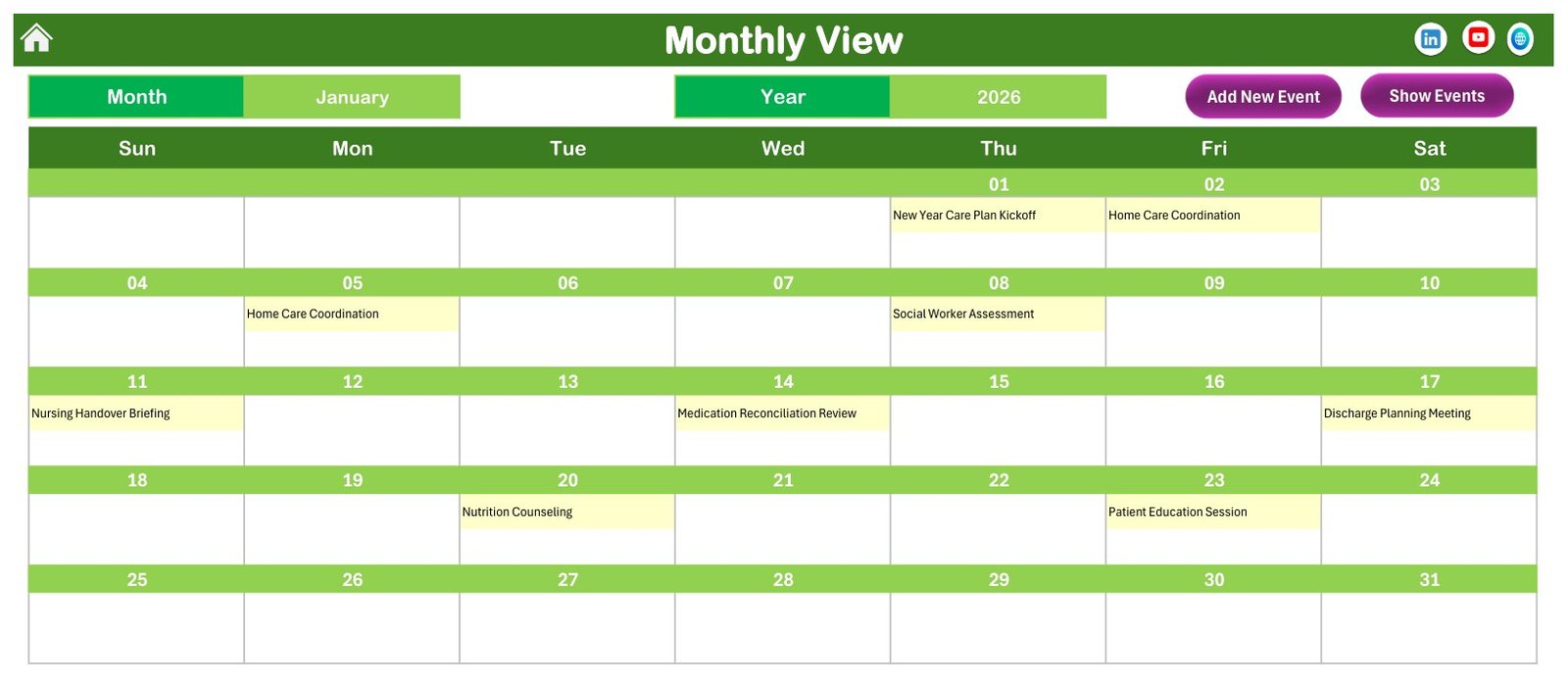 Monthly View for January 2026 with discharge planning activities printed into the day cells