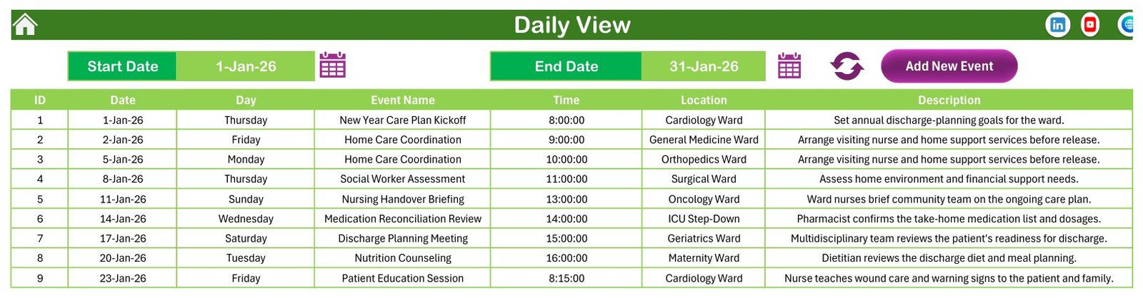 Daily View listing the nine January 2026 entries for a start and end date range