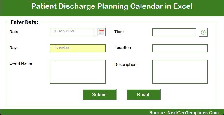 The VBA entry form with Date, Time, Day, Location, Event Name and Description fields and no patient field