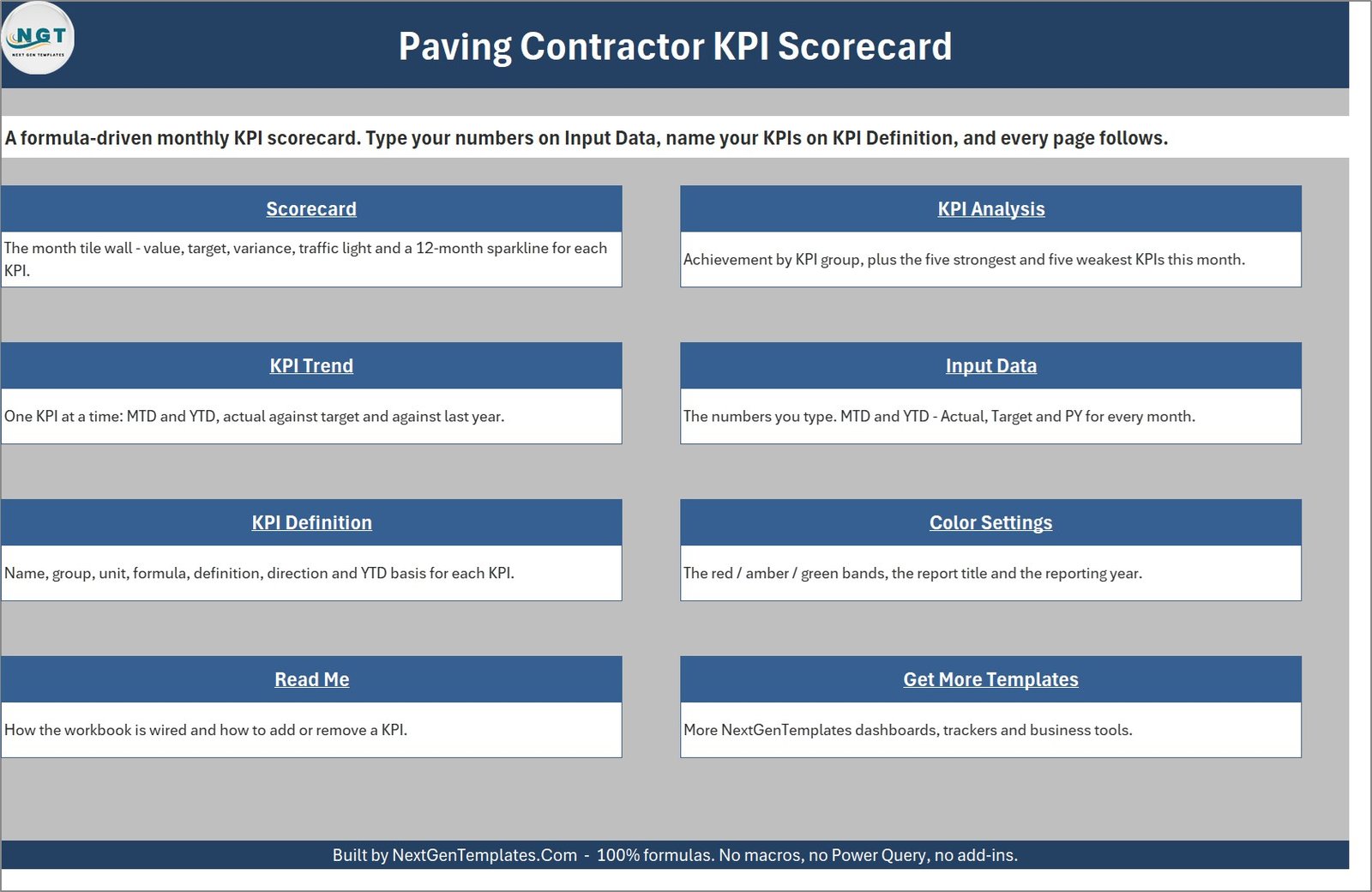 Home page of the Paving Contractor KPI Scorecard in Excel linking to all eight other worksheets