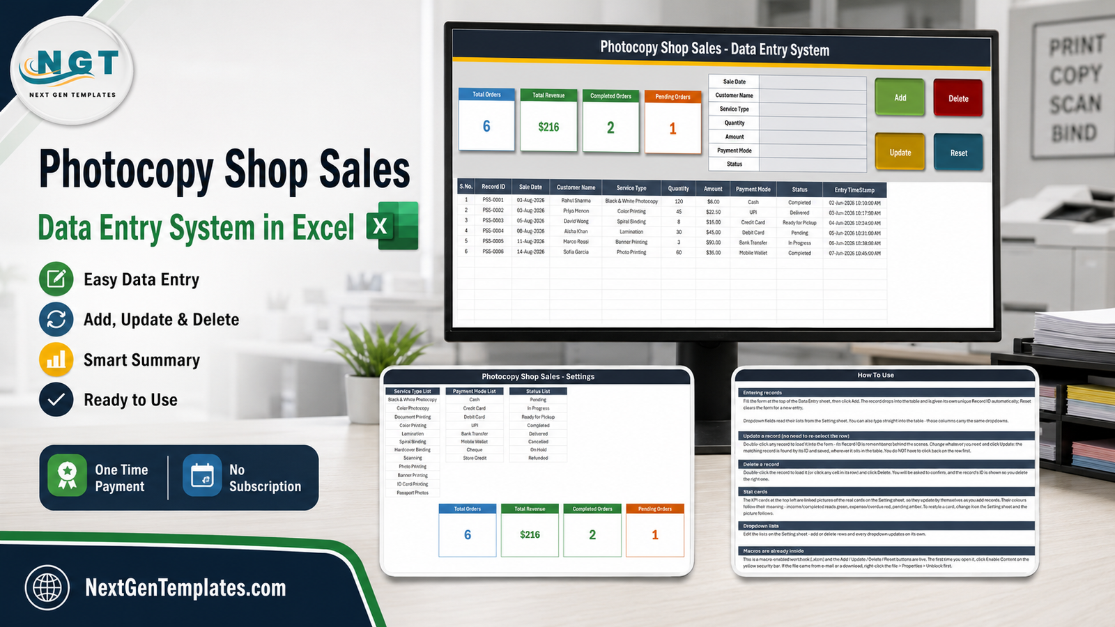 Photocopy Shop Sales Data Entry System in Excel - entry form, stat cards, sales records table and settings lists