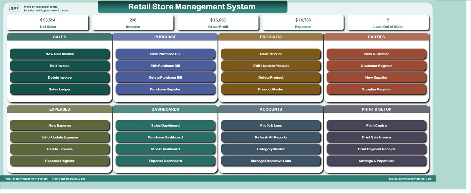 Retail Store Management System V1.0 in Excel VBA MAIN screen