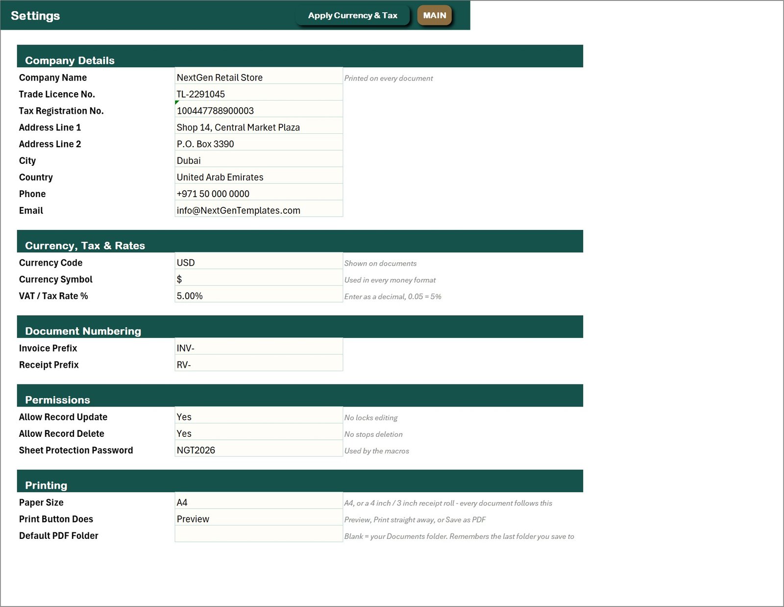 Settings and paper size in the Retail Store Management System V1.0