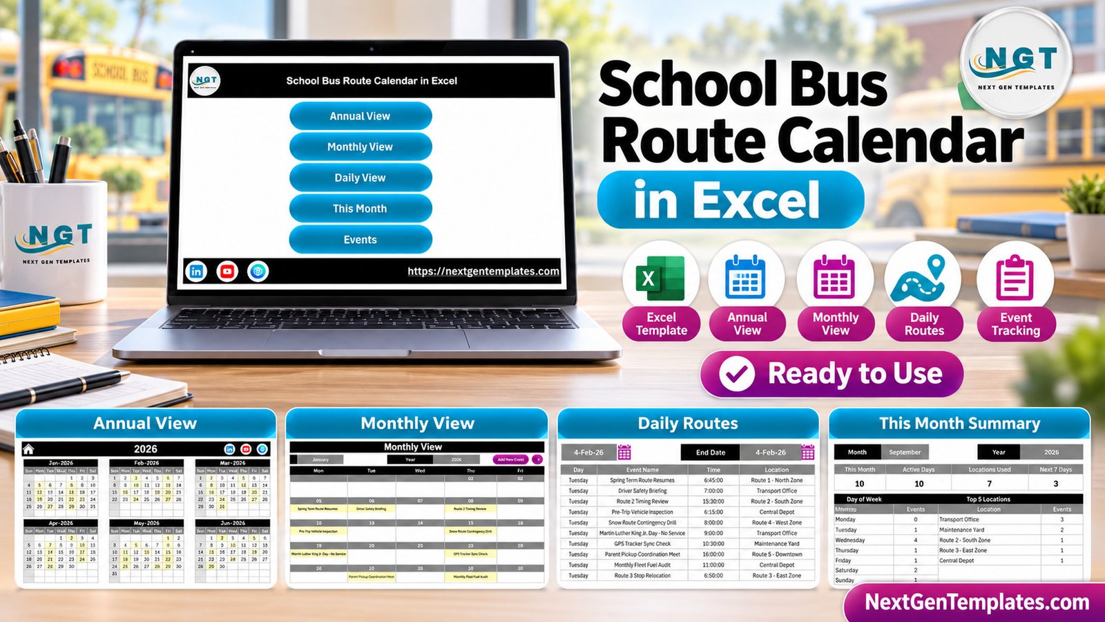 School Bus Route Calendar in Excel with annual monthly daily and current month views