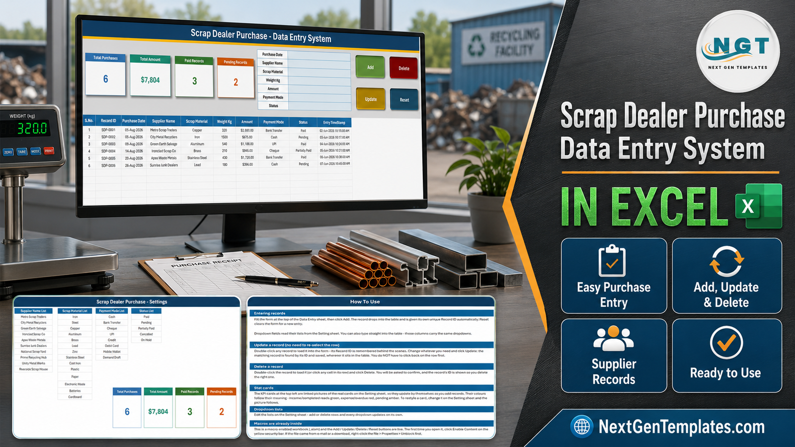 Scrap Dealer Purchase Data Entry System in Excel - entry form, stat cards, purchase records table and settings lists