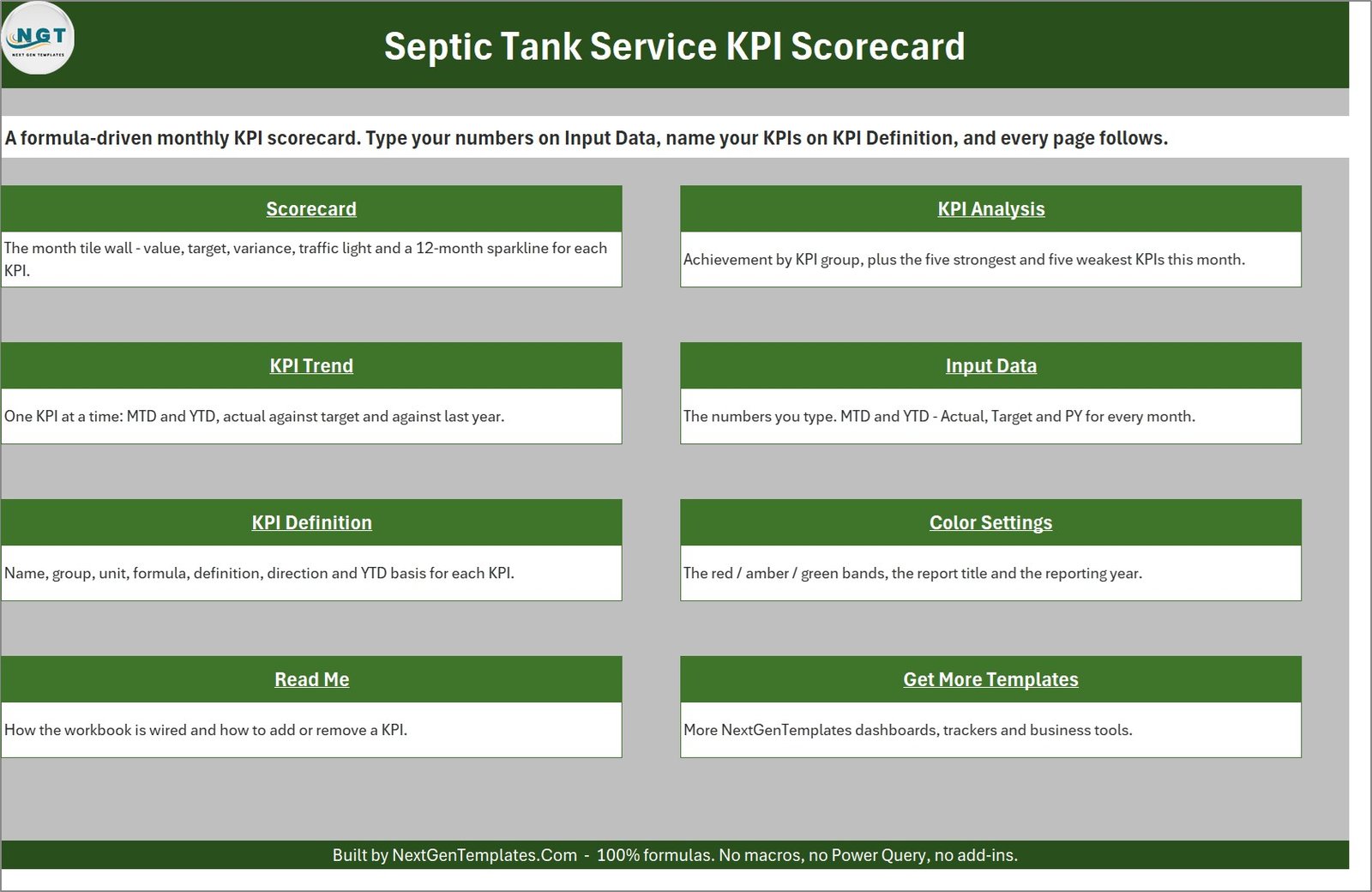 Septic Tank Service KPI Scorecard in Excel - Home page listing the Scorecard, KPI Analysis, KPI Trend, Input Data, KPI Definition, Color Settings, Read Me and Get More Templates sheets
