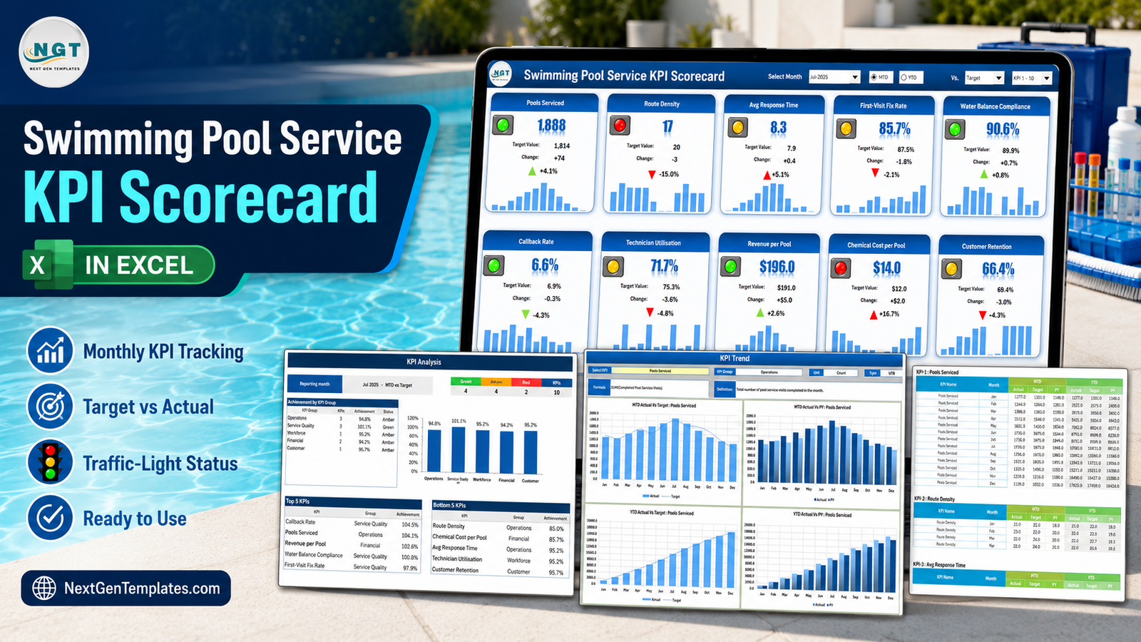 Swimming Pool Service KPI Scorecard in Excel - the Scorecard, KPI Analysis, KPI Trend and Input Data pages