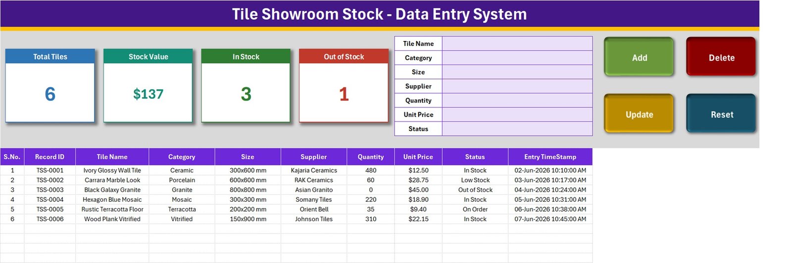 Tile showroom stock data entry system in Excel with four stat cards, seven-field form and six sample tile records