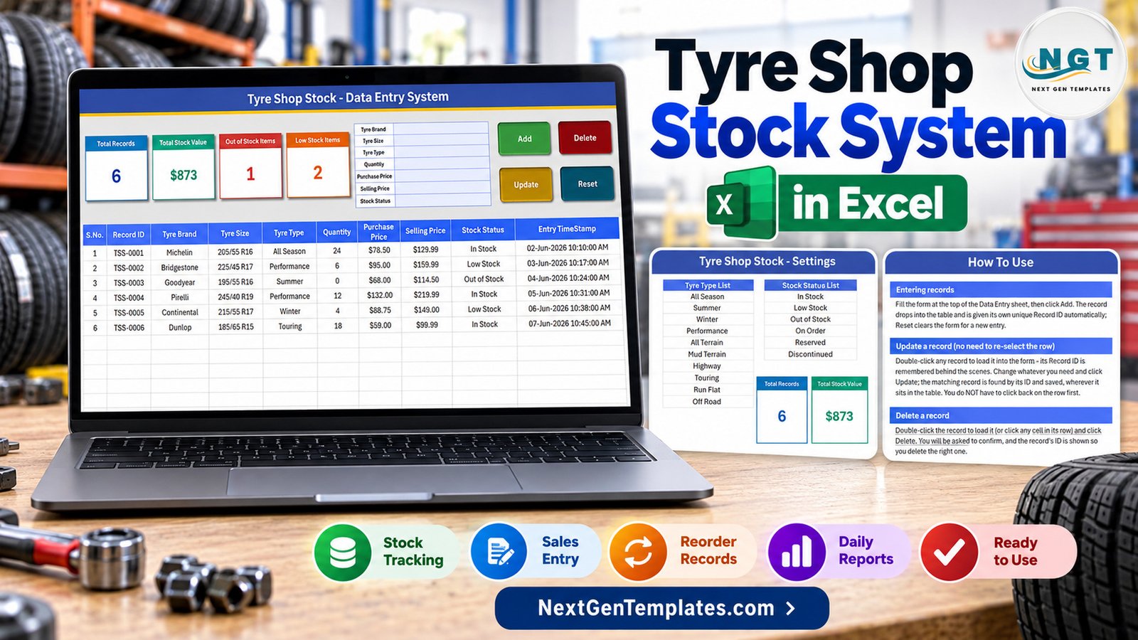 Tyre Shop Stock Data Entry System in Excel