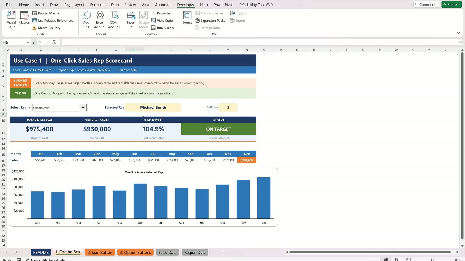 Excel form controls - one-click Sales Rep Scorecard built with a Combo Box