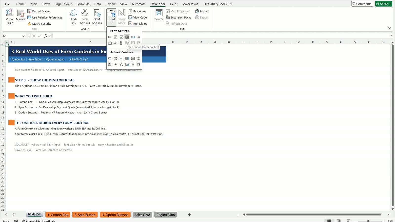 Developer tab Insert menu showing Excel Form Controls
