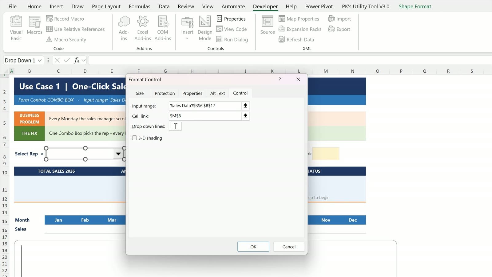 Format Control dialog for a Combo Box - input range and cell link
