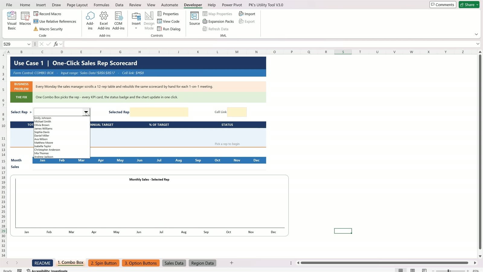 Combo Box drop-down list with 12 sales reps