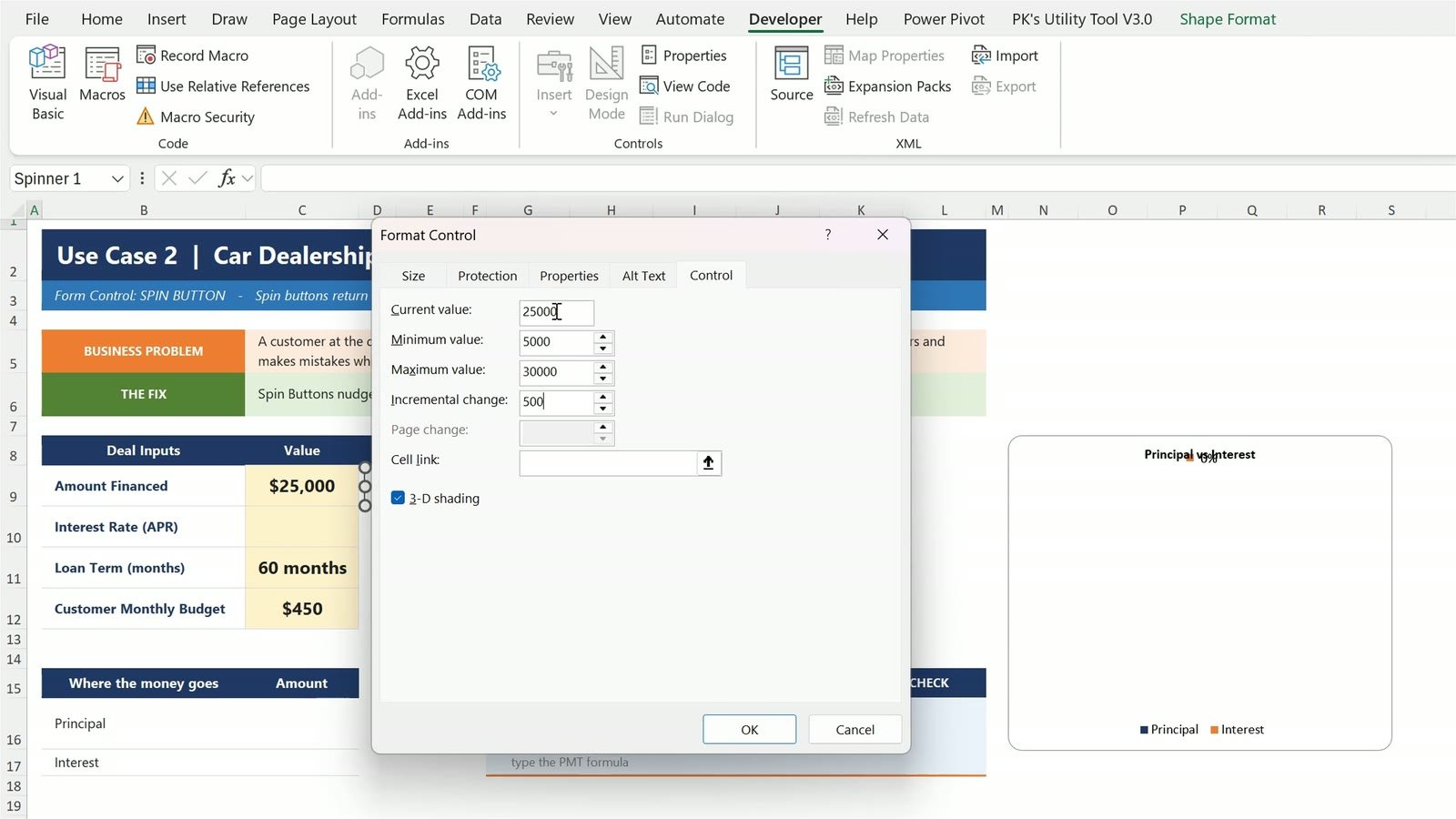 Format Control dialog for a Spin Button in Excel