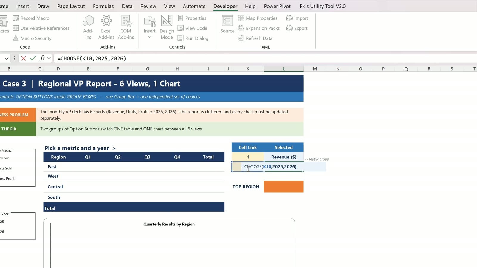 CHOOSE formula converting the option button cell link into a metric name