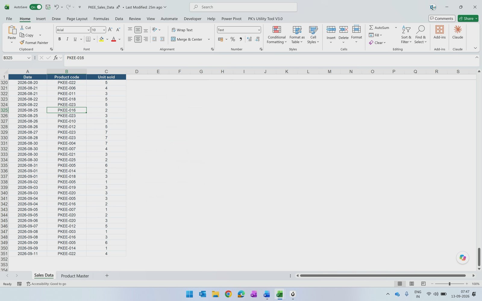 Sales Data range with Date, Product code and Unit sold