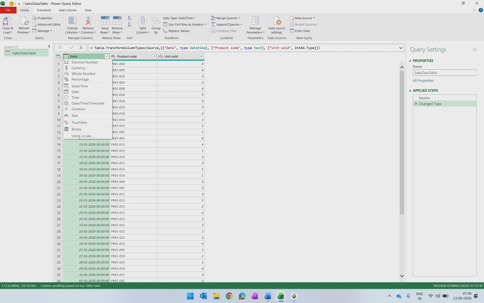 Change the Date column type to Date in Power Query