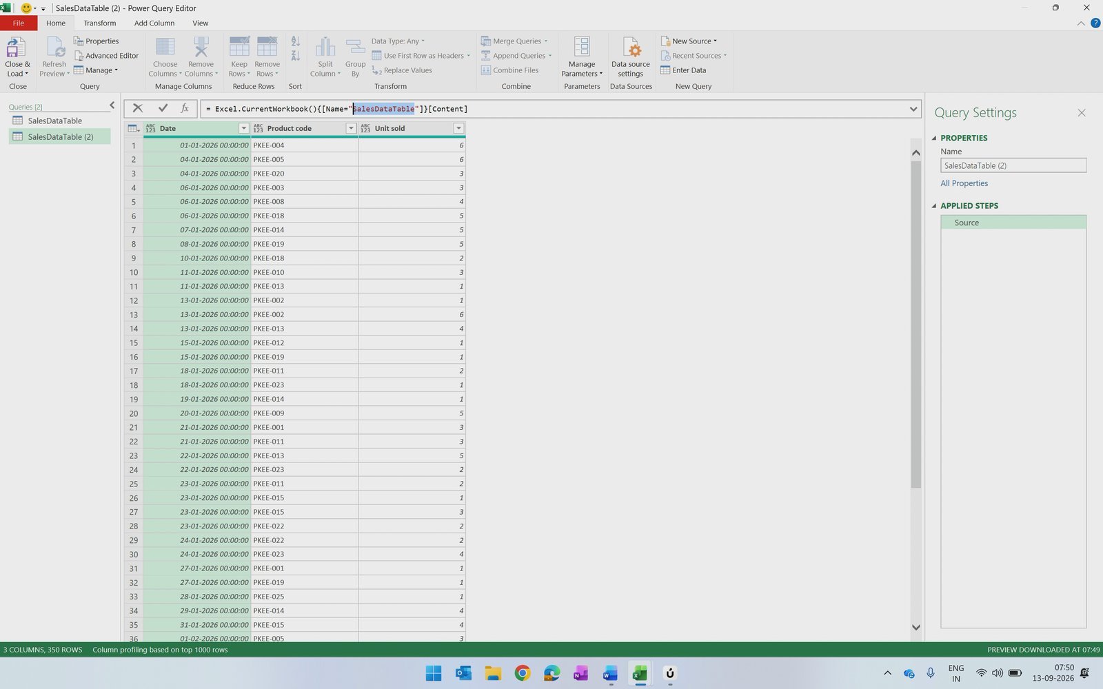 Source step formula Excel.CurrentWorkbook with SalesDataTable