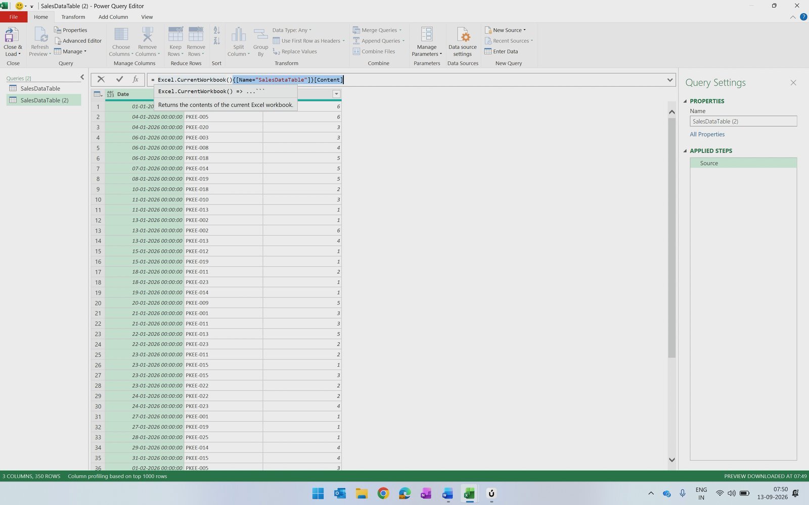 Editing the Excel.CurrentWorkbook formula in the Power Query formula bar