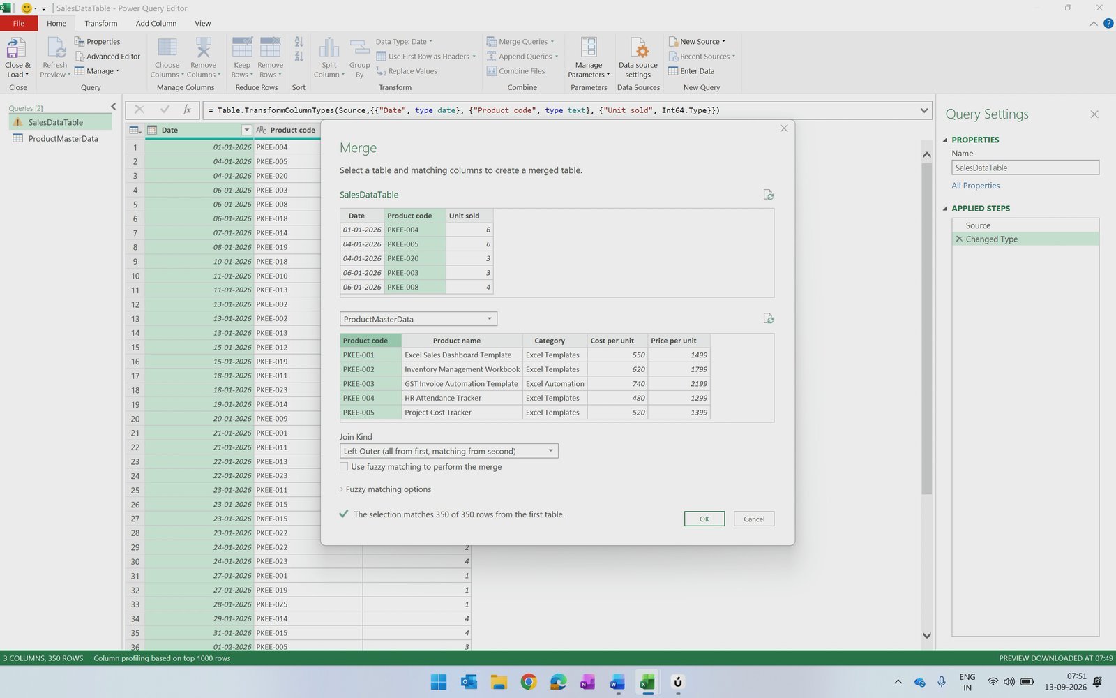 Merge queries dialog in Power Query - selection matches 350 of 350 rows