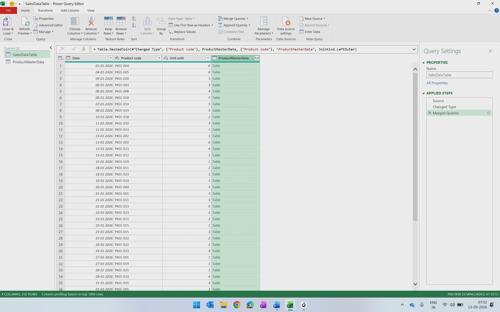 Merged ProductMasterData column with nested table values