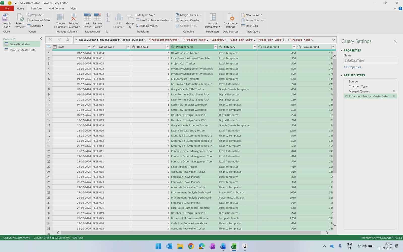 Expanded Product name, Category, Cost per unit and Price per unit columns after merging queries