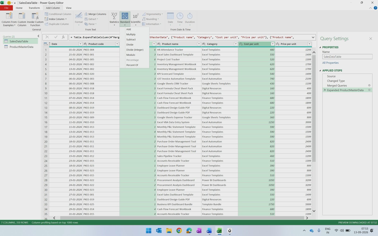 Add Column Standard Multiply in Power Query