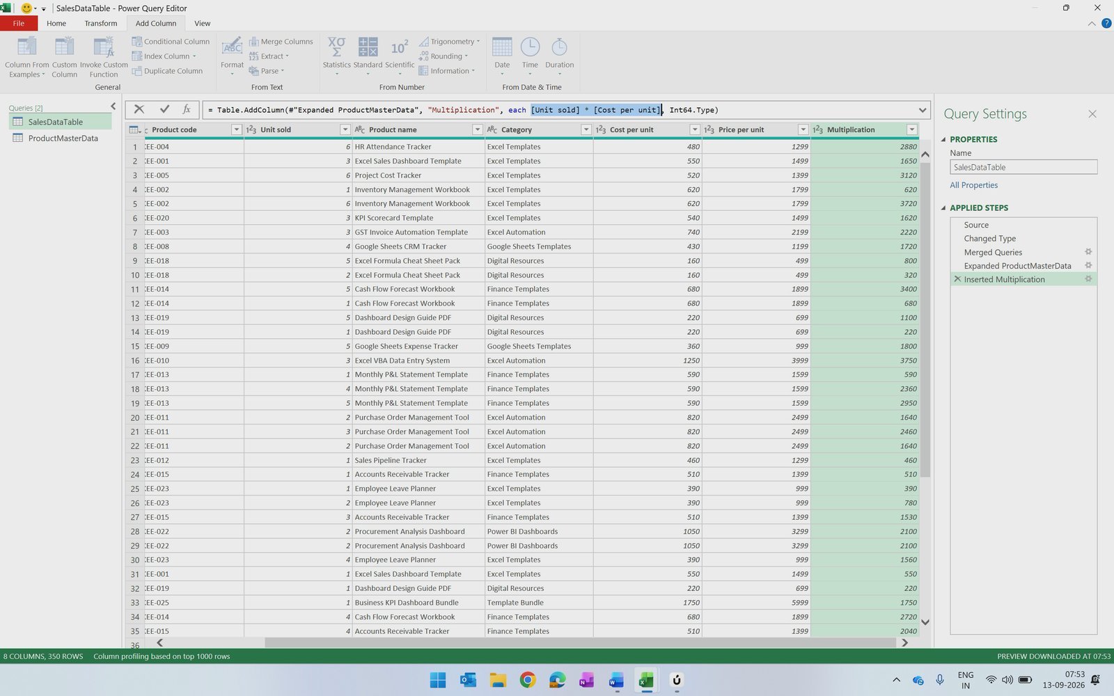 Multiplication formula Unit sold times Cost per unit in the Power Query formula bar