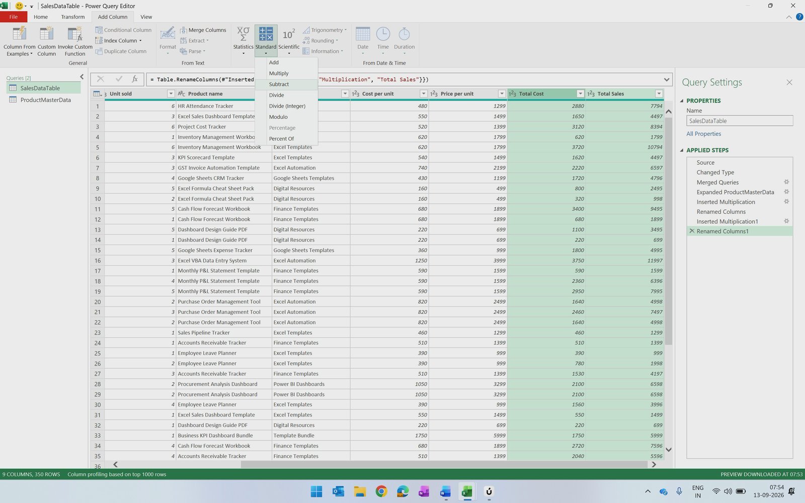 Add Column Standard Subtract to calculate Gross Margin