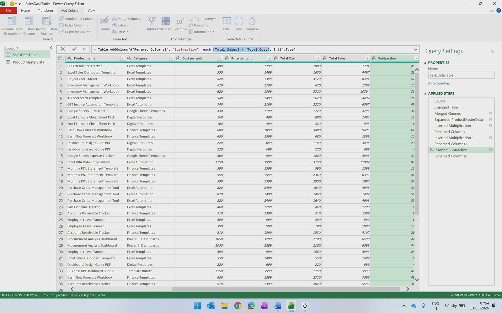 Gross Margin formula Total Sales minus Total Cost in Power Query