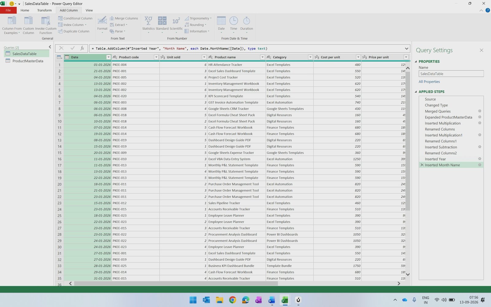 Add Column Date Month Name of Month in Power Query