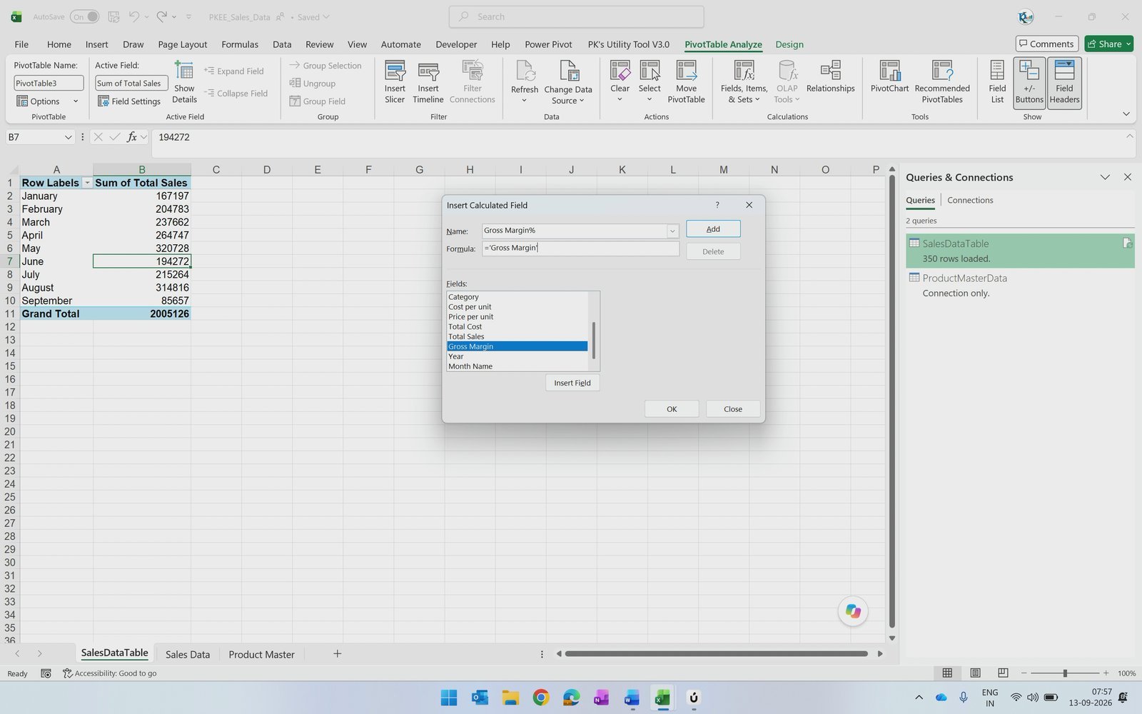 Insert Calculated Field dialog for Gross Margin percentage in a PivotTable