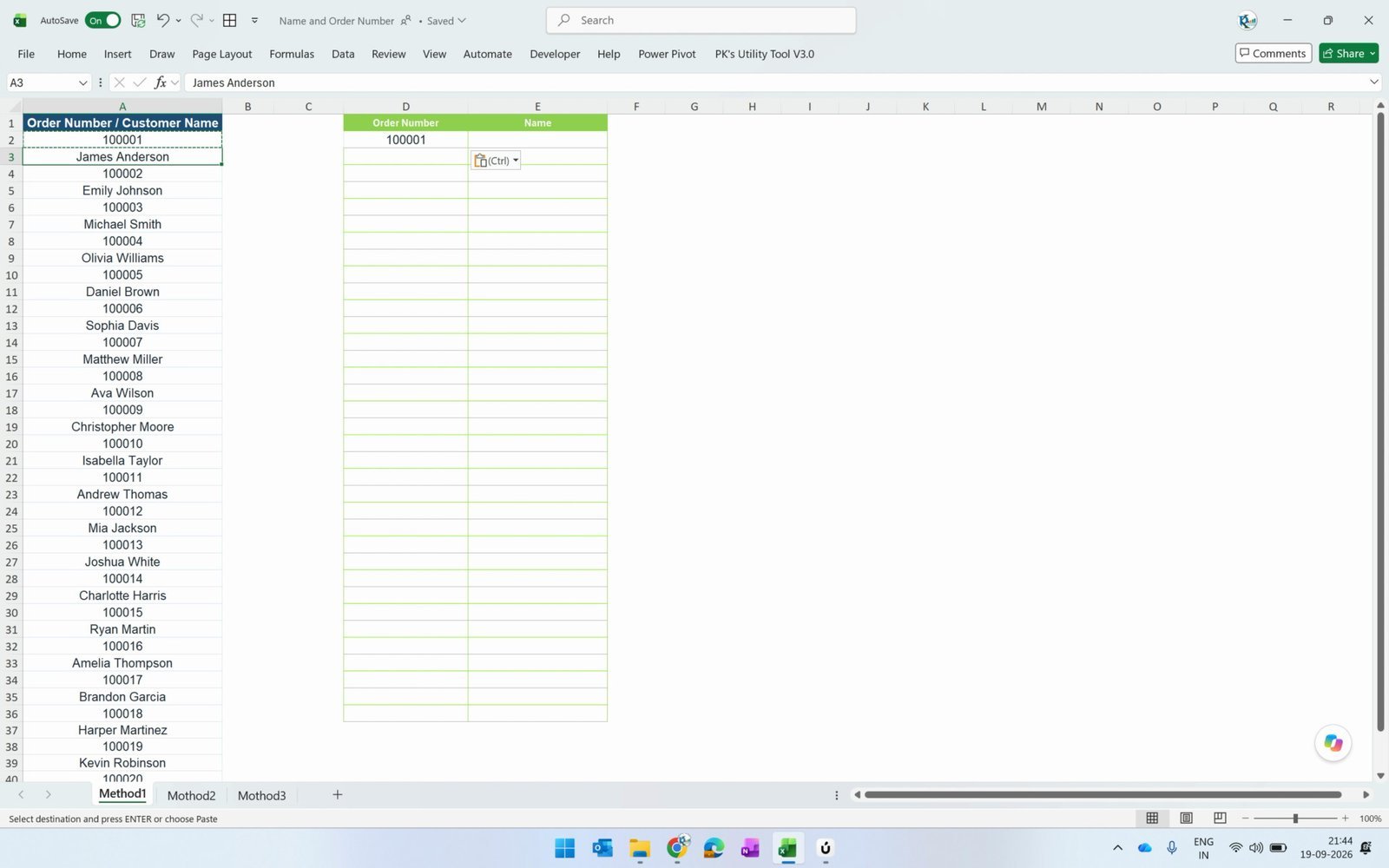 Select the column that holds both the order numbers and the customer names