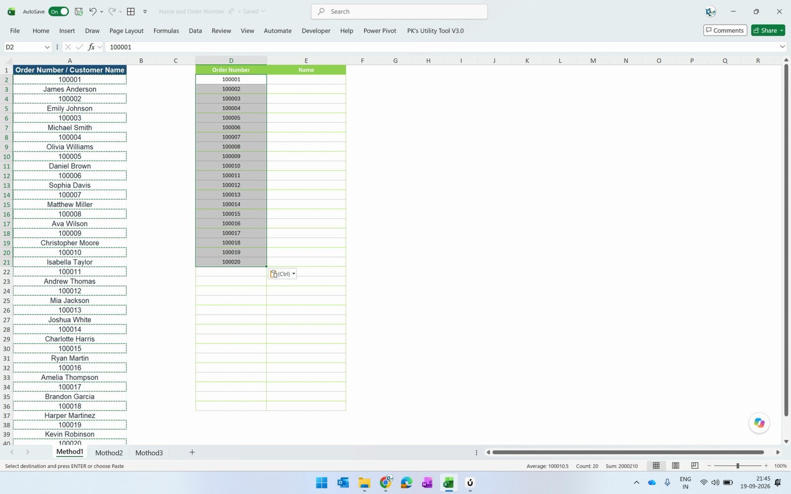 Order numbers pasted as values into the Order Number column in Excel
