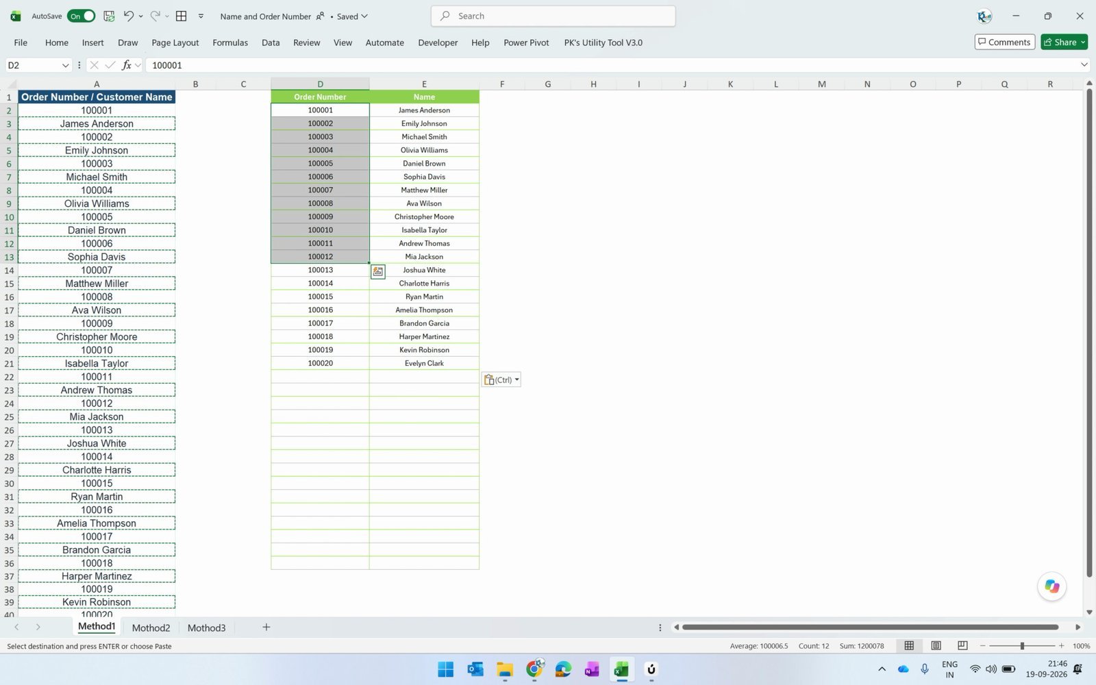 Order Number and Name columns filled using the Go To Special method in Excel