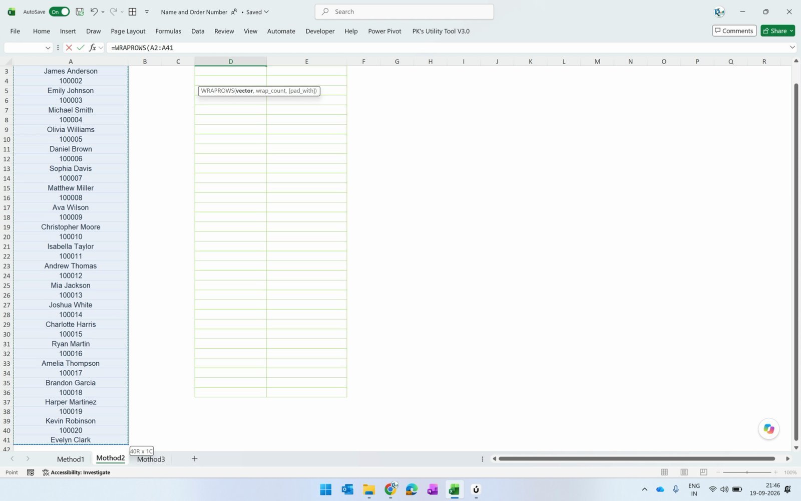 Typing the WRAPROWS formula in Excel to split one column into two