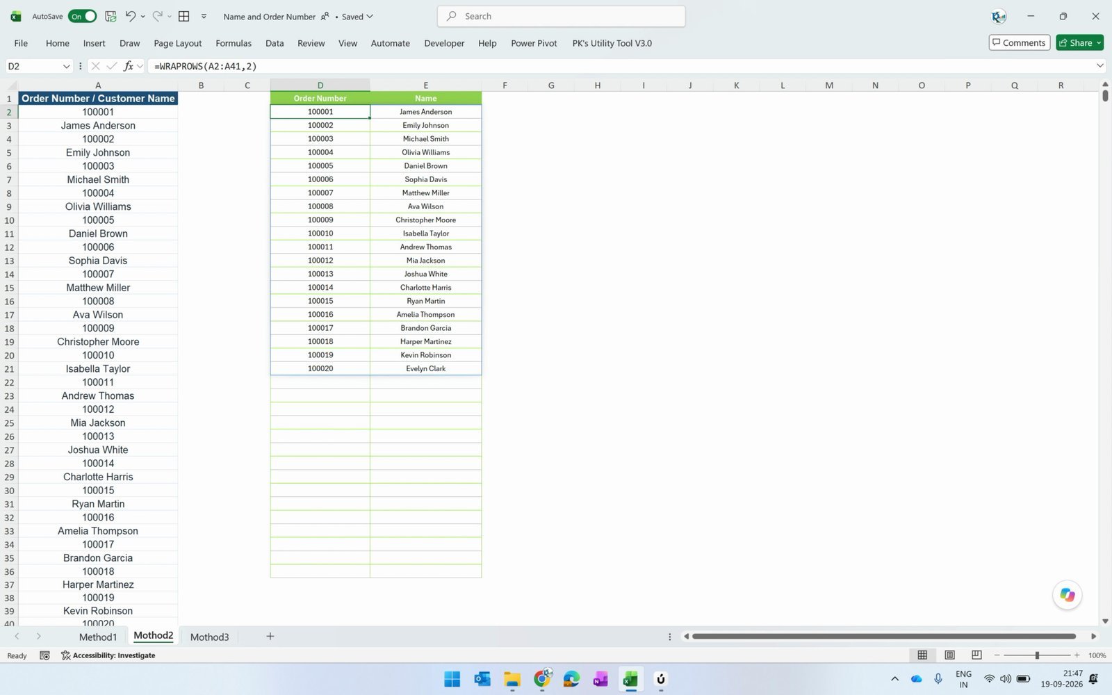 WRAPROWS final result with the order numbers and names split into two columns