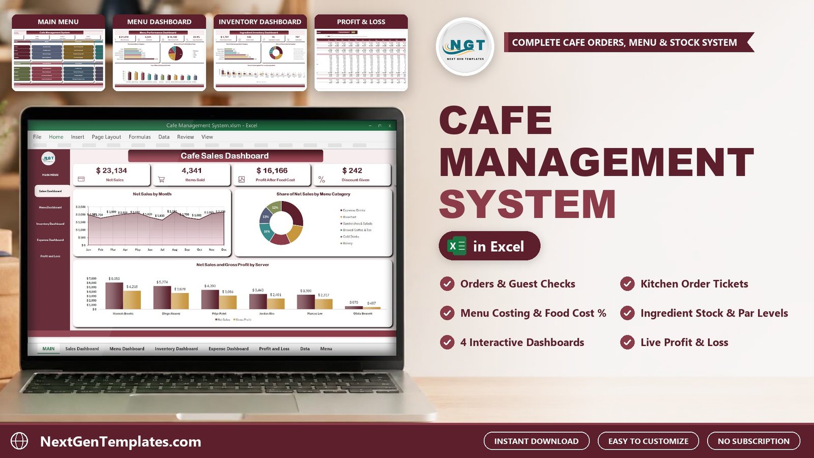 Cafe Management System in Excel VBA - orders, menu costing and ingredient stock in one workbook