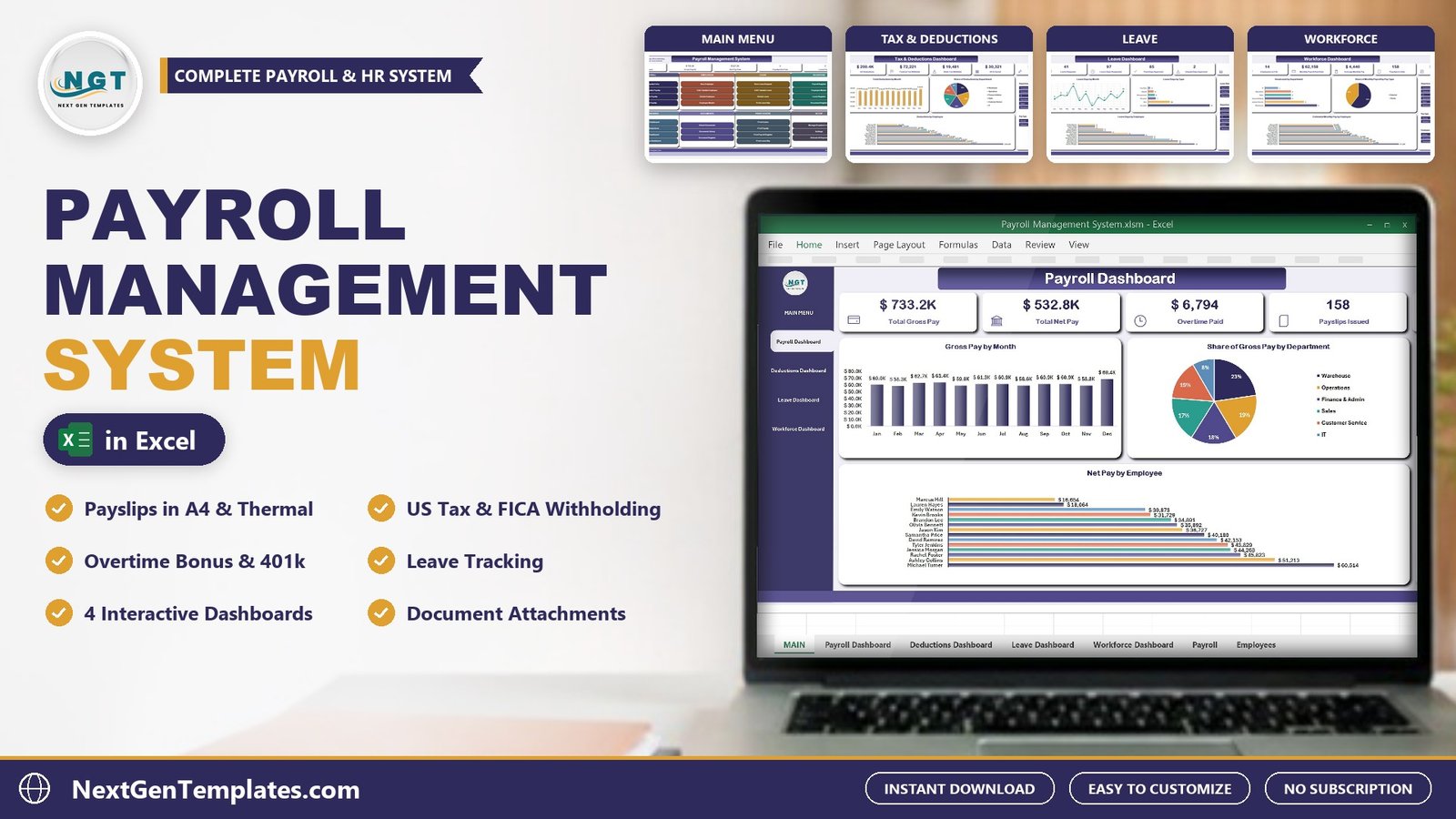 Payroll Management System in Excel VBA - payslips, leave and employee records in one workbook