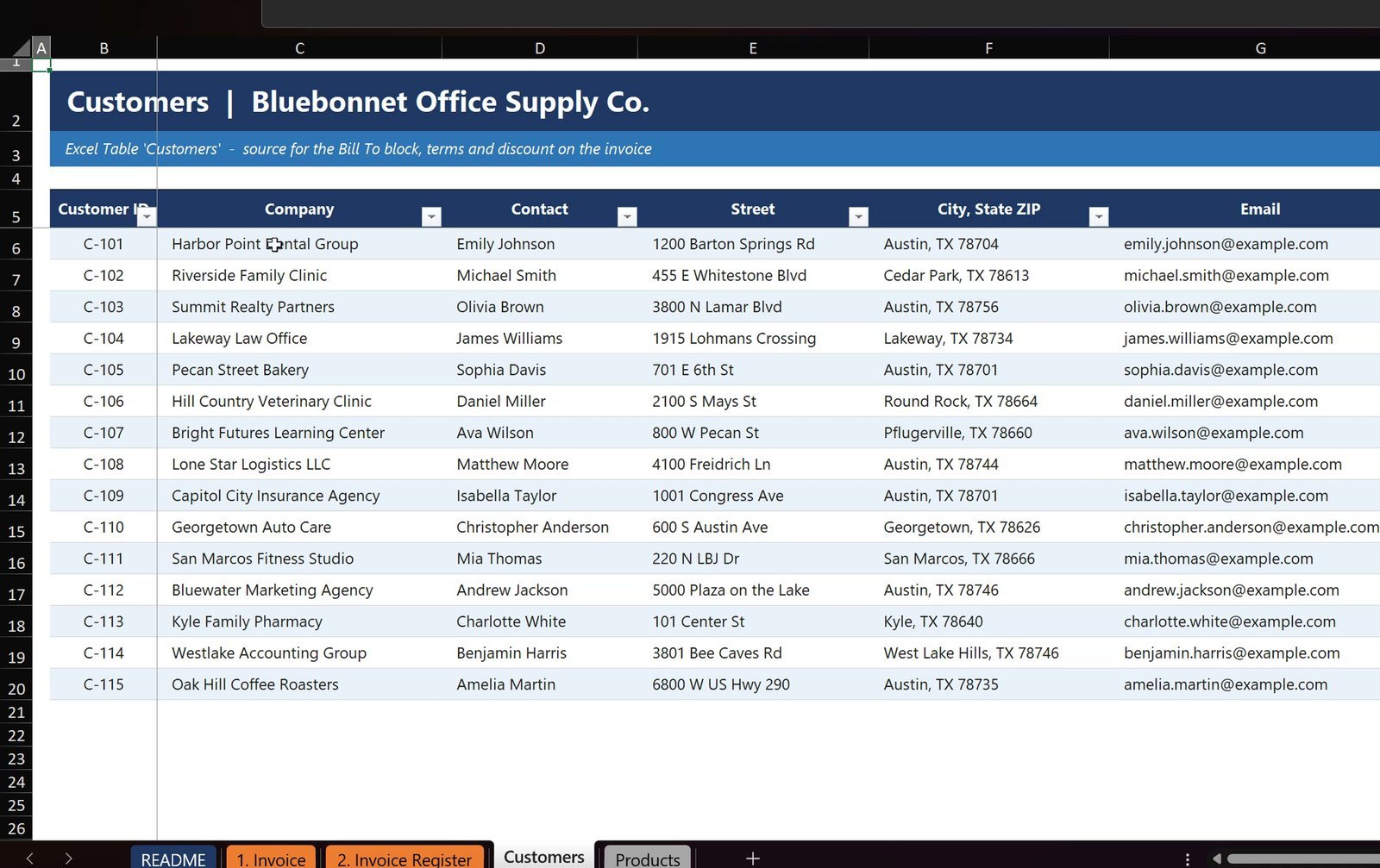 Customers Excel Table with terms and discount columns