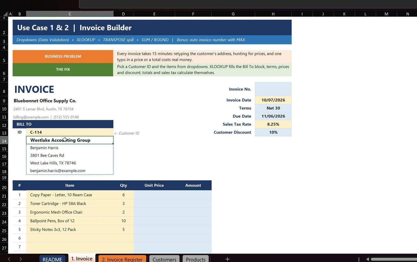 Changing the customer ID updates the invoice