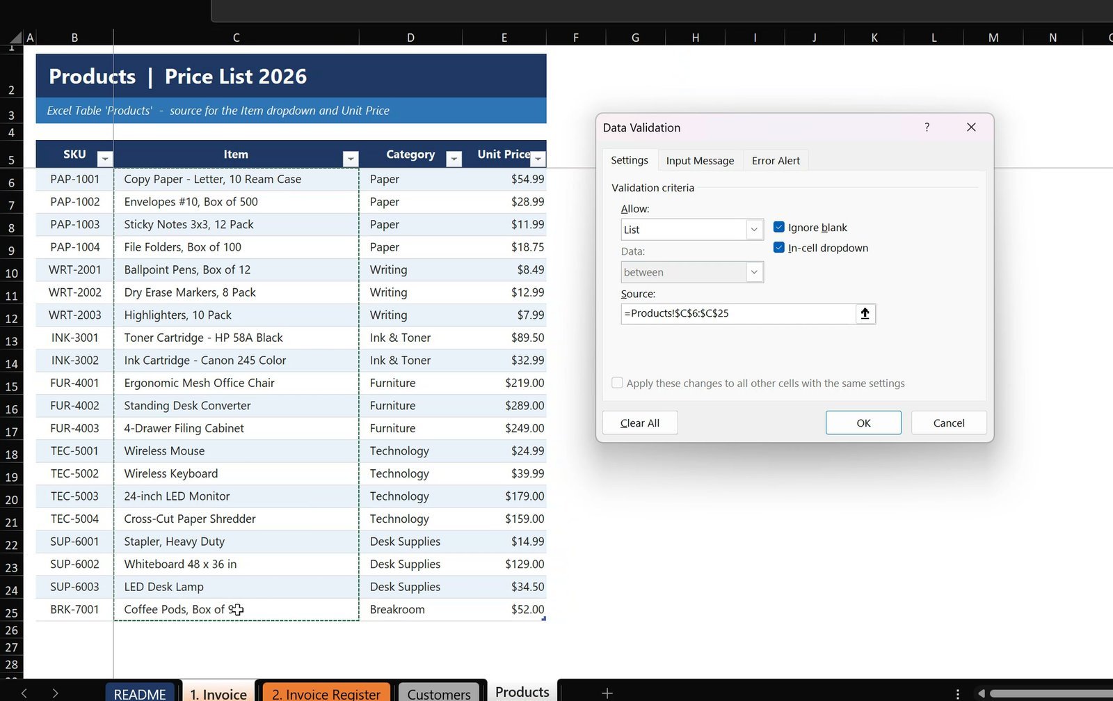 Data Validation list for invoice items from the Products table