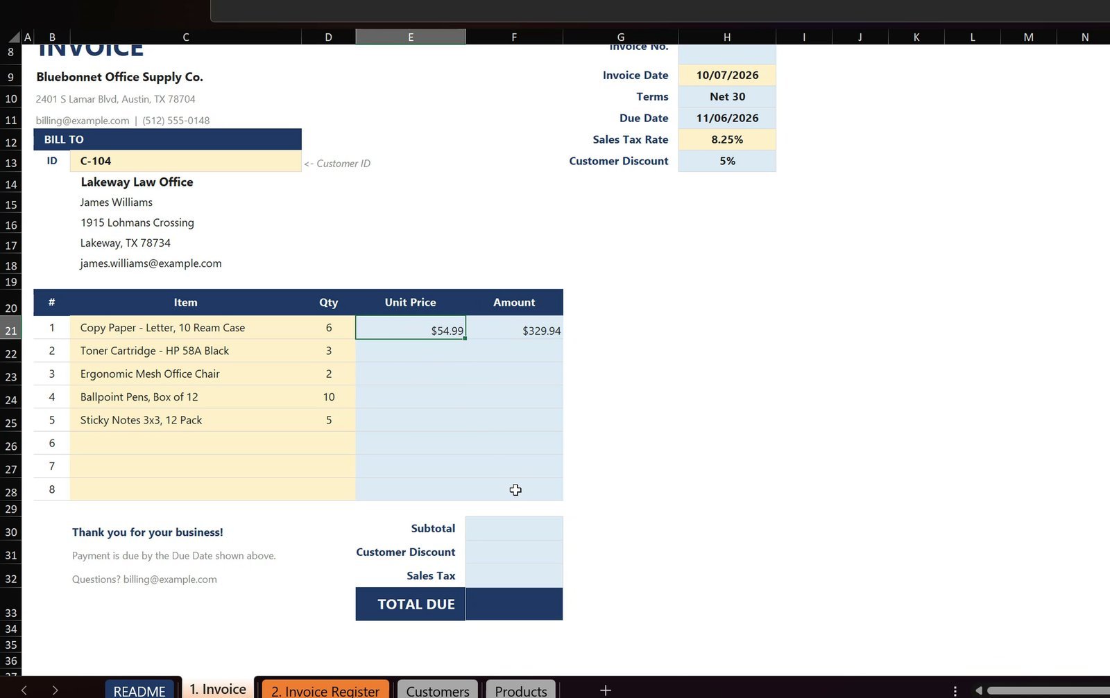 XLOOKUP unit price on the invoice line items