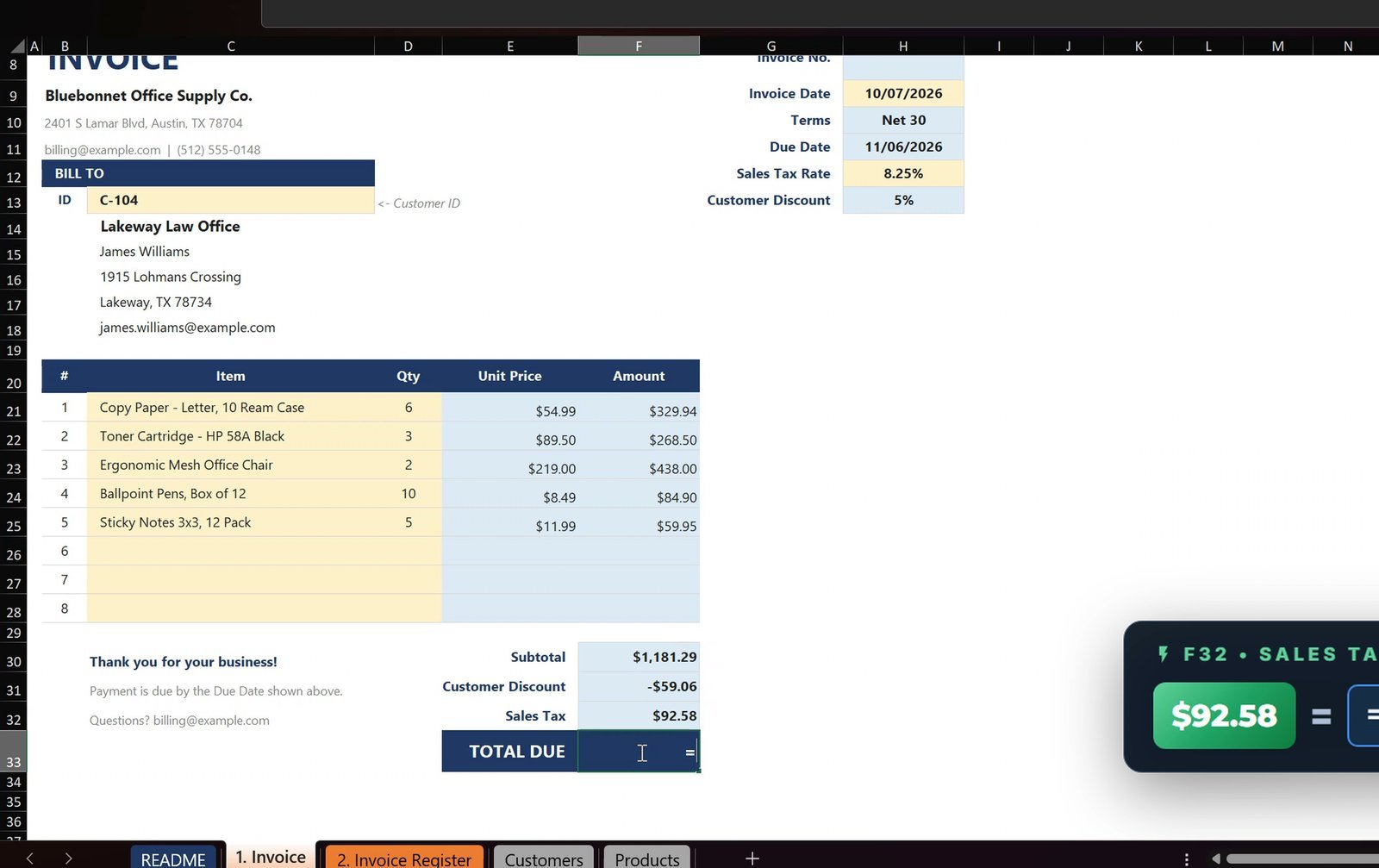 Invoice totals with discount and sales tax in Excel