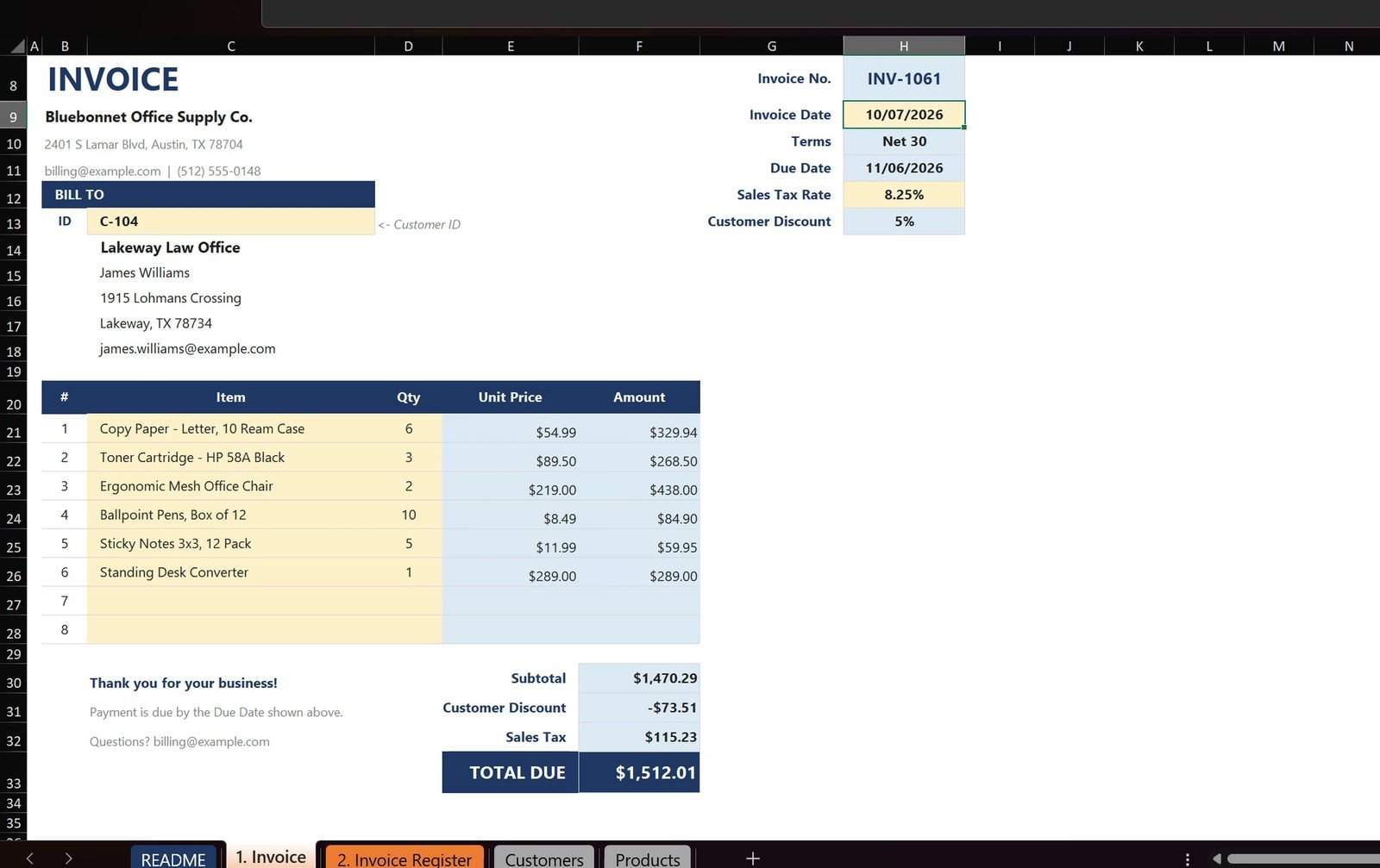 Finished Excel invoice with automatic invoice number