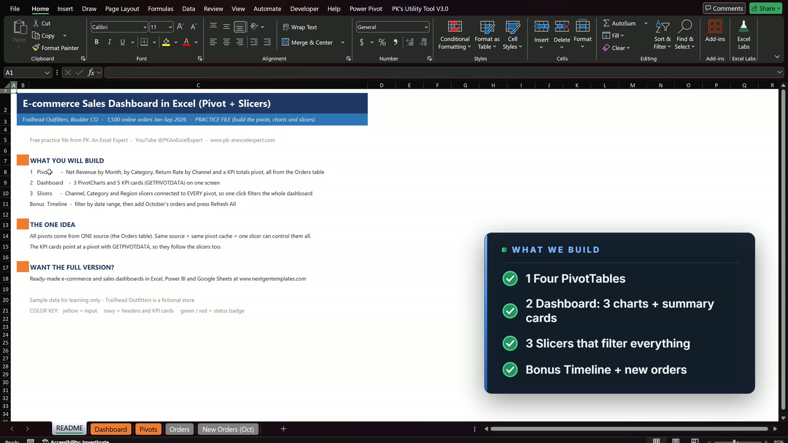 Read Me sheet of the e-commerce dashboard practice file with the three use cases and the one idea