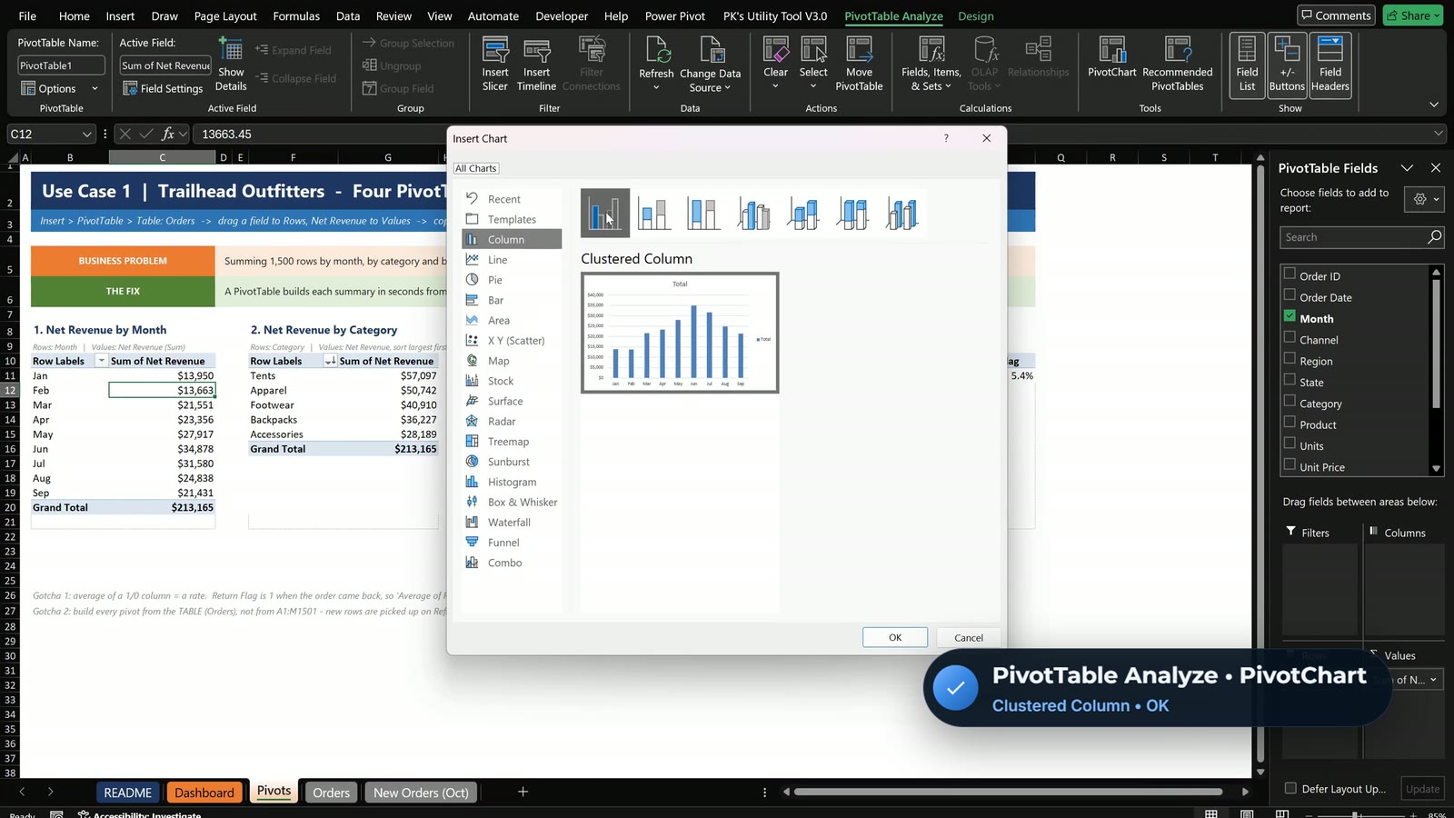 Insert Chart dialog with Clustered Column selected for a PivotChart